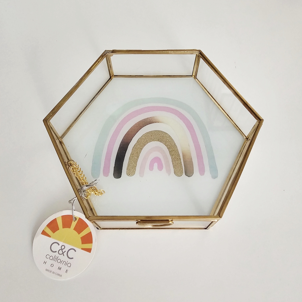 C&C California Hexagonal Glass & Gold Trinket Case with Rainbow Design